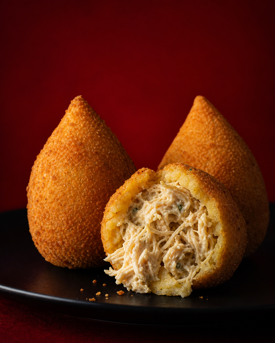 Coxinha crocante aberta mostrando o recheio de frango
