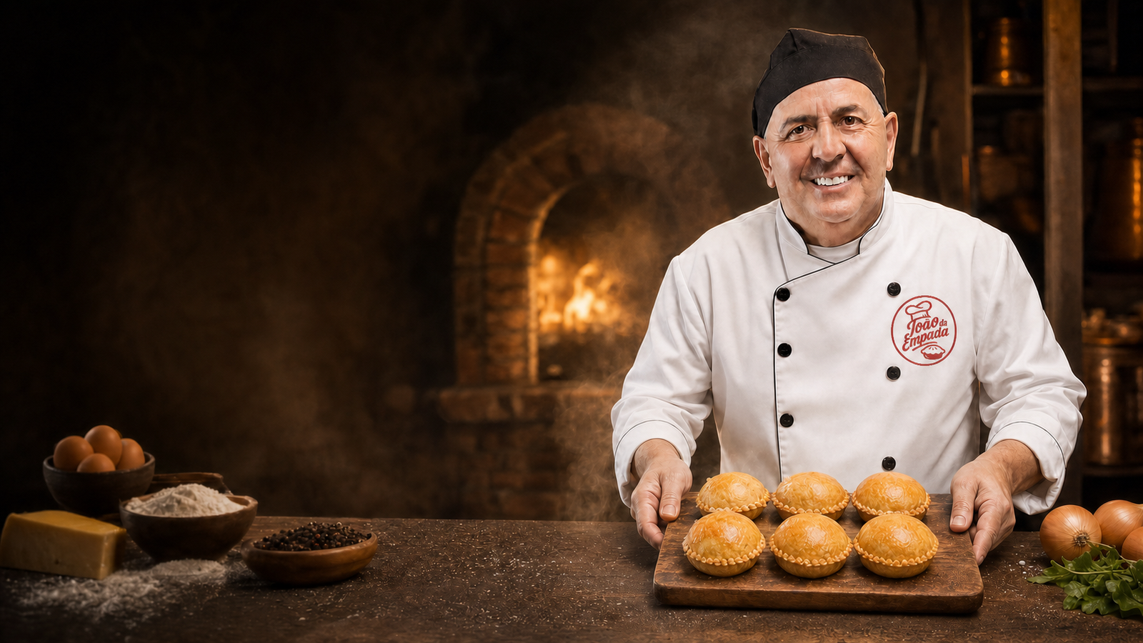 João apresenta empadas artesanais em frente ao forno usando uniforme personalizado