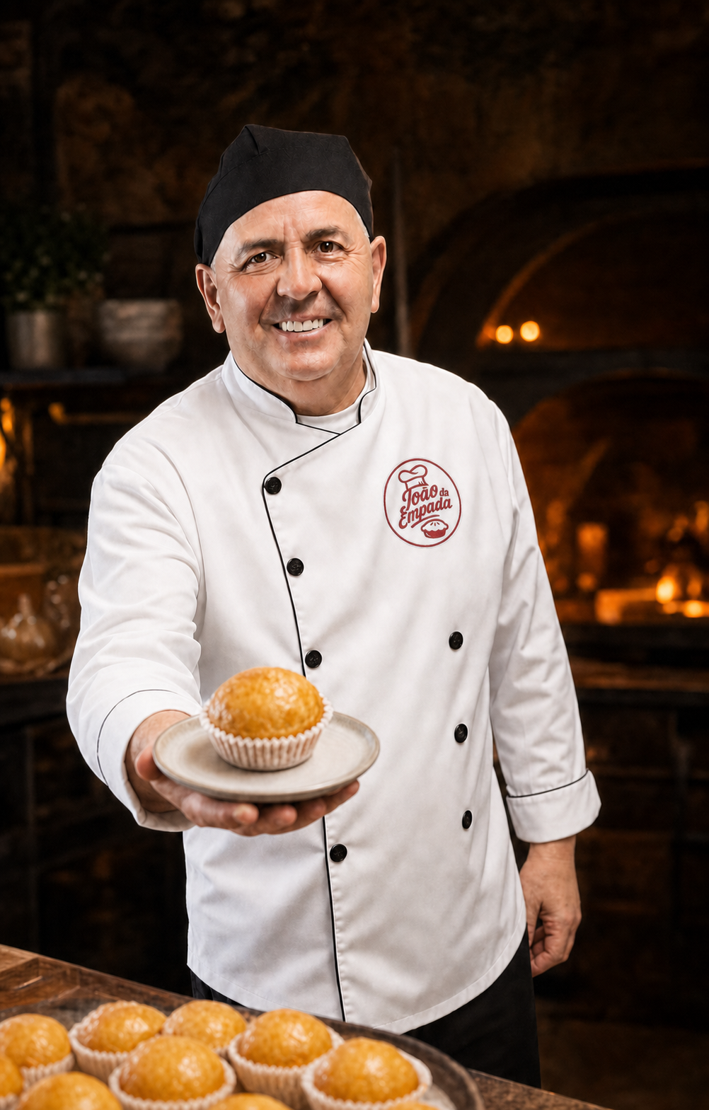 João oferece uma empada artesanal em sua cozinha, usando uniforme com a marca João da Empada