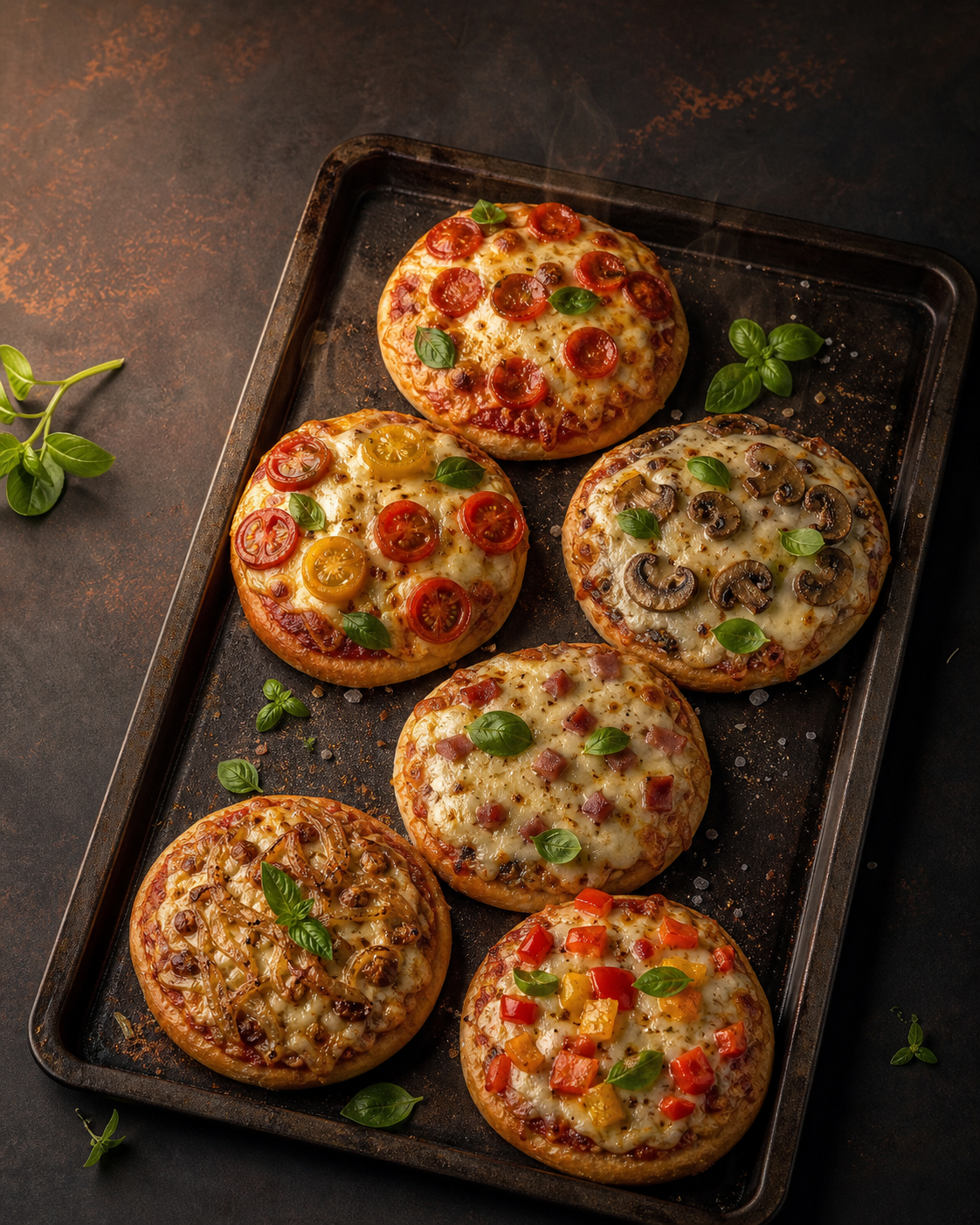Mini pizzas artesanais recém-saídas do forno